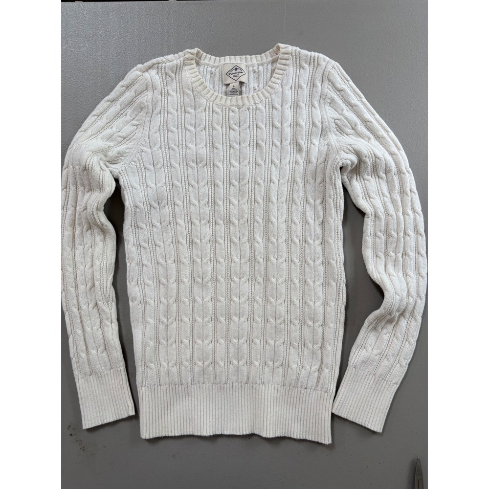 St Johns Bay Womens Small Cable Knit Crewneck Sweater Cream White Long Sleeve